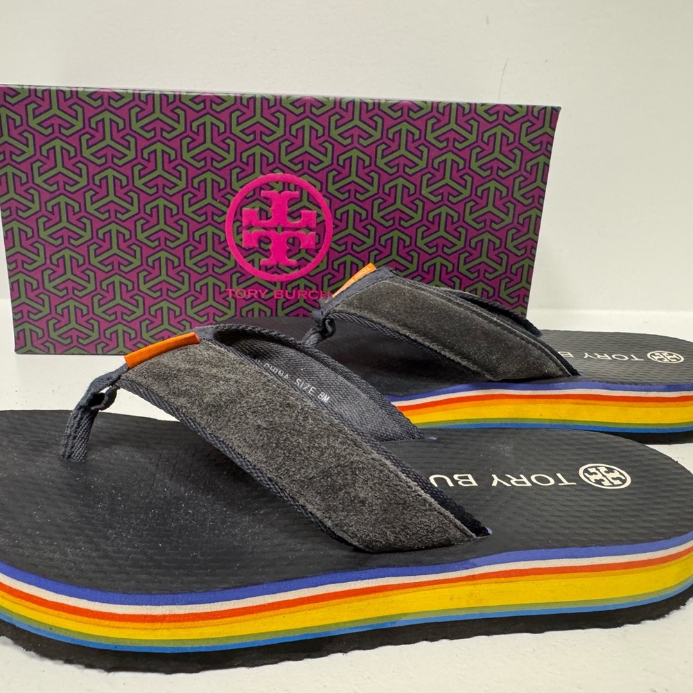 Tory Burch Navy Flip Flops with Multicolor Sole